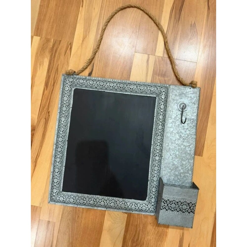 Galvanized Metal Chalkboard Wall Organizer w/ Hook & Pocket – Farmhouse Decor